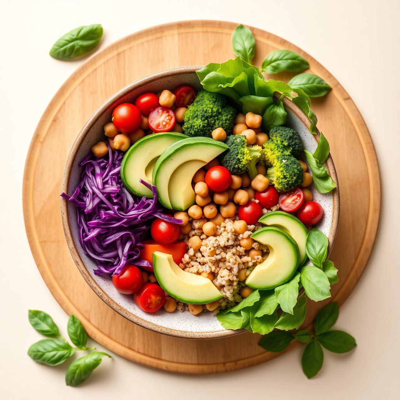Fresh Buddha bowl with quinoa, chickpeas, avocado and vegetables