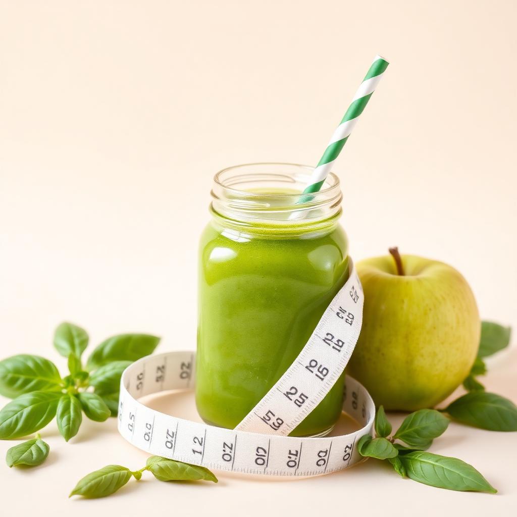 Green smoothie with apple and measuring tape